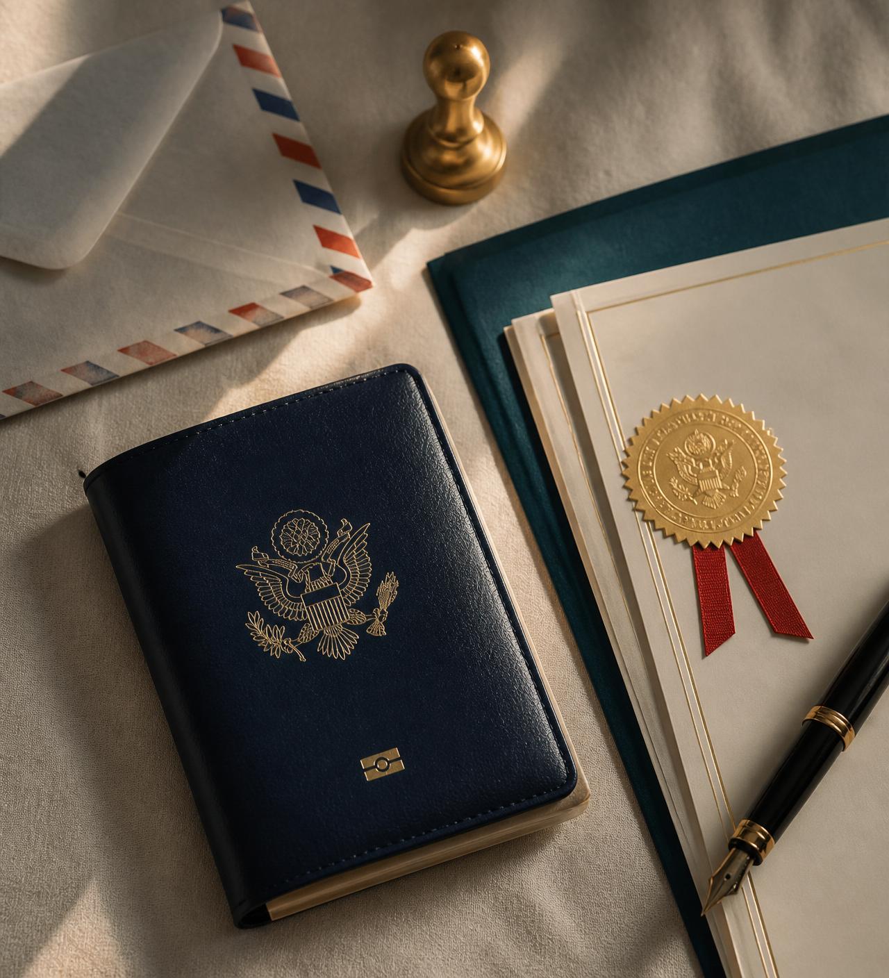 Pasaporte, documentos con sello dorado y sobre de correo internacional